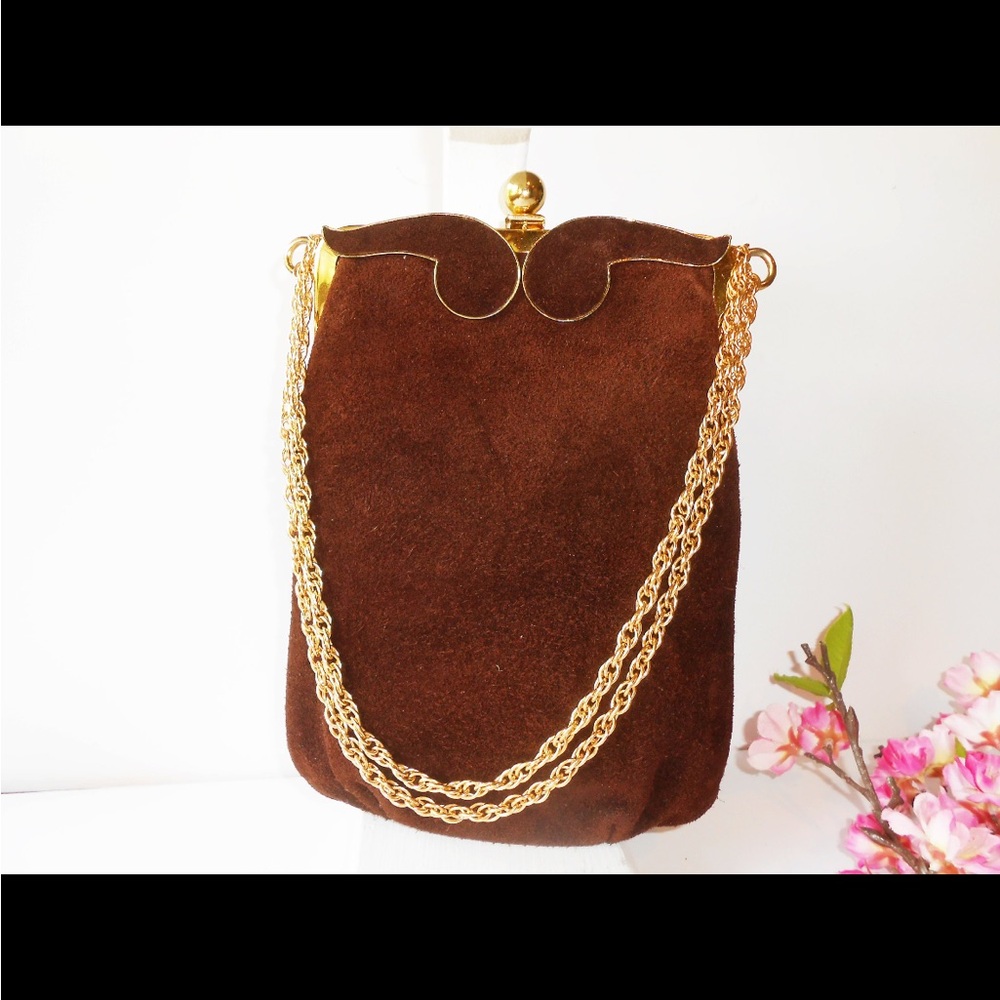 Vintage 60s Brown Suede Handbag, Glamorous Brown Suede Purse, Classic Purse